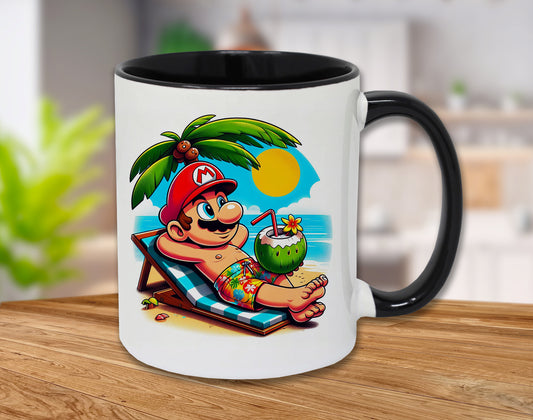 Super Mario GAMING Mug Plummer On the Beach Funny Novelty Adult Men Kids Boy Gamer Games Ceramic White Black Double Side Print Printed Cup Coffee Tea Hot Chocolate mug 11oz Novelty Birthday Christmas Gifts Him or Her Xmas