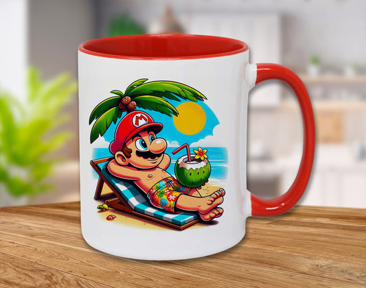 Super Mario GAMING Mug Plummer On the Beach Funny Novelty Adult Men Kids Boy Gamer Games Ceramic White Red Double Side Print Printed Cup Coffee Tea Hot Chocolate mug 11oz Novelty Birthday Christmas Gifts Him or Her Xmas