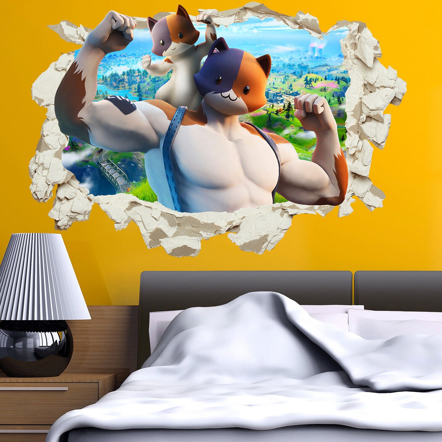 Fortnite Wall Sticker Smashed 3D Crack Kids Bedroom Gift Game CAT Meowscles 100x67cm